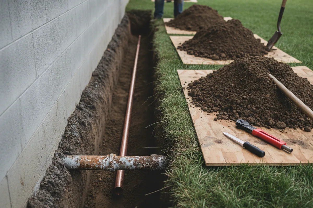 Excavated water line trench during Water Softener Installation in Rose